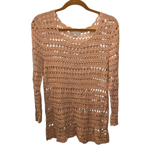 Pure Collection tan khaki crochet open knit crew neck sweater M - Picture 1 of 3